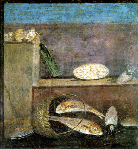 Bundle of Asparague, and an Overturned Basket of Fish