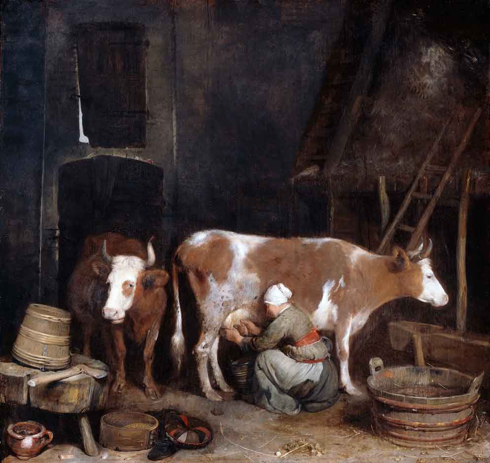 A Maid Milking a Cow in a Barn