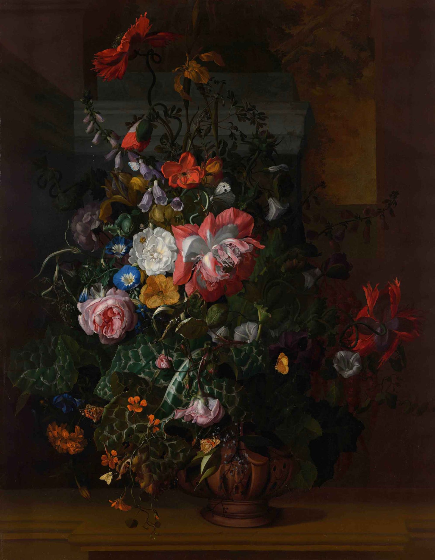 Roses, Convolvulus, Poppies, and Other Flowers in an Urn on a Stone Ledge