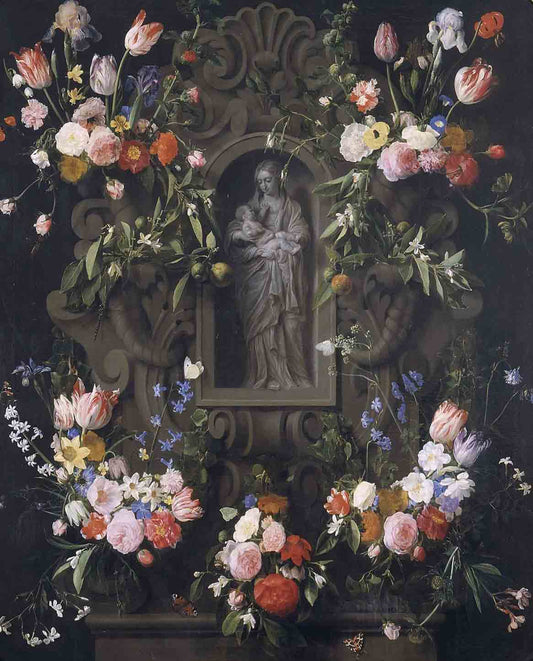 Garland of flowers with a sculpture of the Virgin Mary