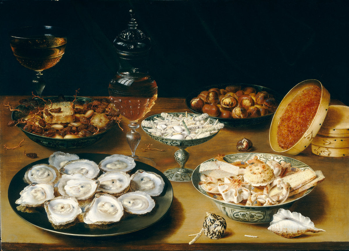 Dishes with Oysters, Fruit and Wine
